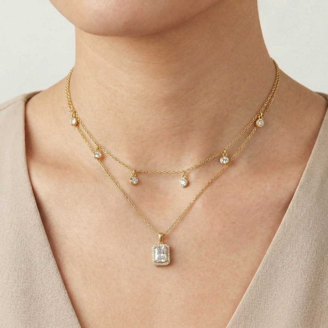 Gold-Plated Layered Charm Pendant Necklace