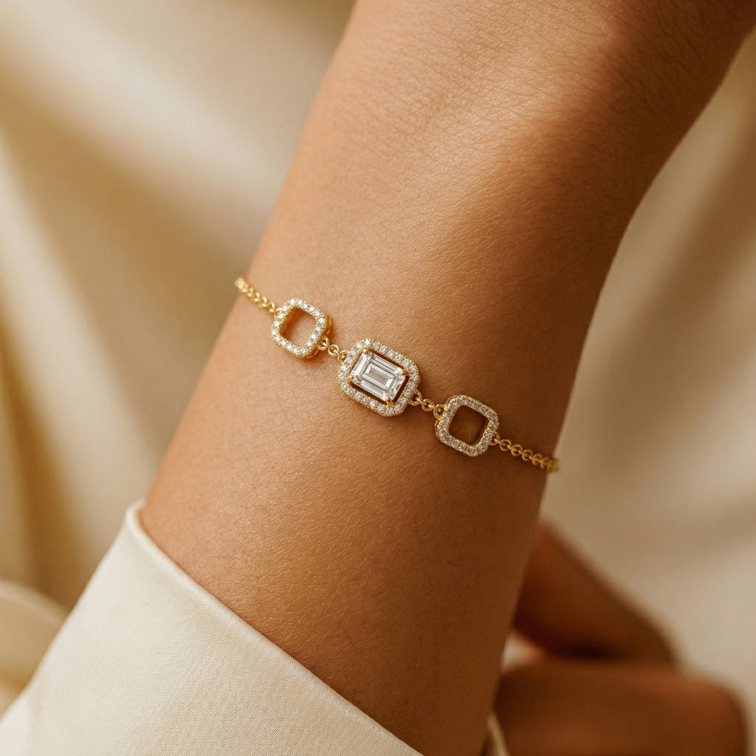 Gold-Plated Emerald-Cut Halo Station Bracelet