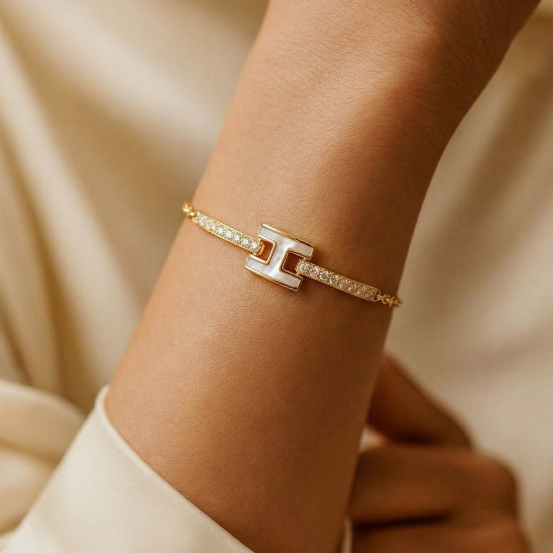 Gold-Plated Barrel Charm Pavé Station Bracelet