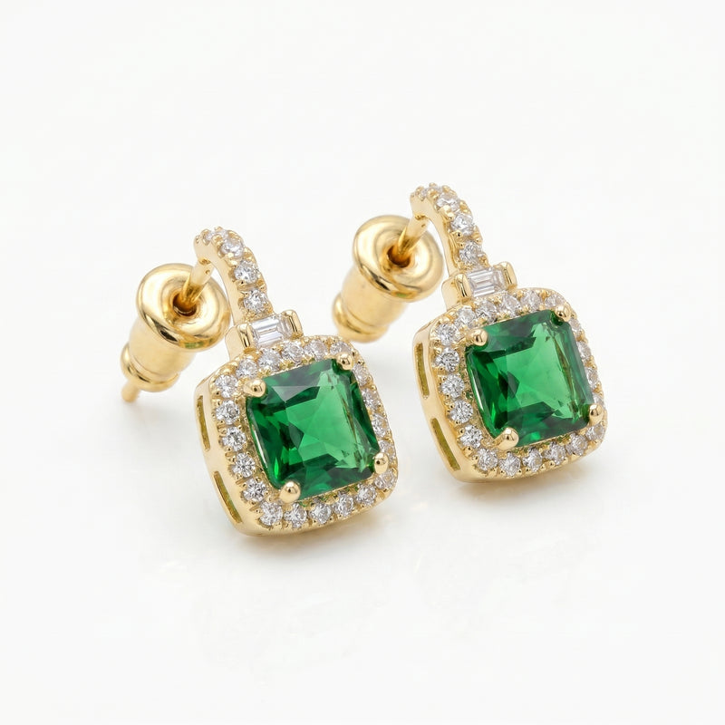 Gold Plated Emerald Green Halo Drop Earrings