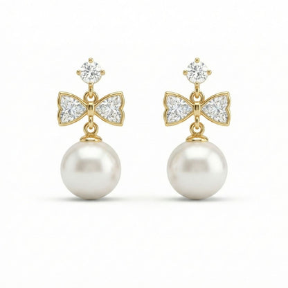 Gold Plated Bow Pearl Drop Earrings