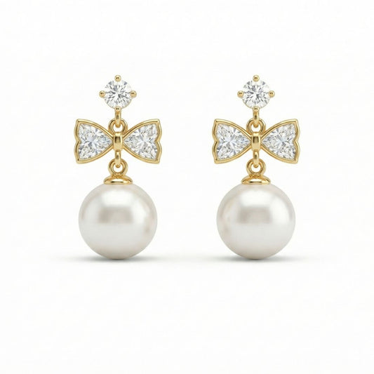 Gold Plated Bow Pearl Drop Earrings