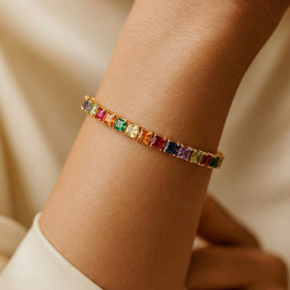Gold-Plated Rainbow Multi-Stone Tennis Bracelet