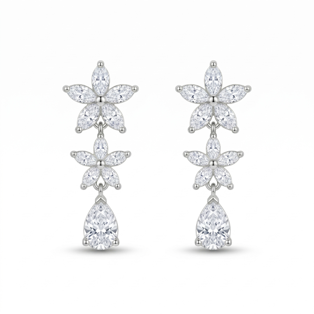 Silver Tone Floral Drop Zircon Earrings