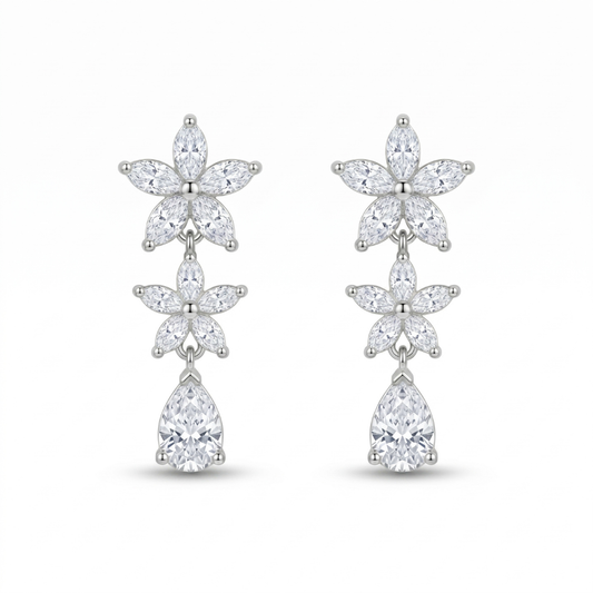 Silver Tone Floral Drop Zircon Earrings
