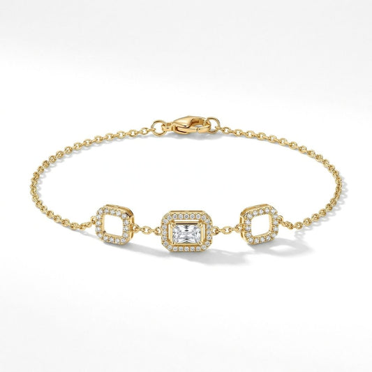  Gold-Plated Emerald-Cut Halo Station Bracelet