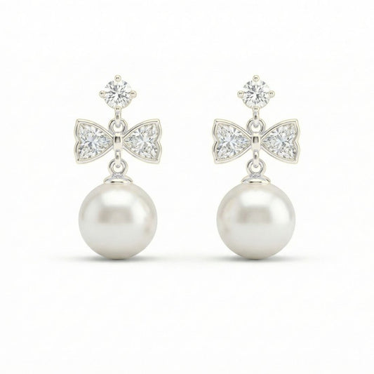 Silver Tone Bow Pearl Drop Earrings