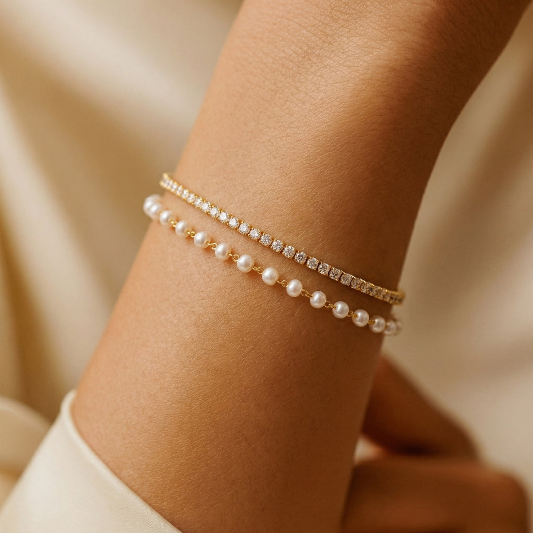 Gold-Plated Alternating Stone & Bead Tennis Bracelet