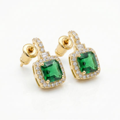 Gold Plated Emerald Green Halo Drop Earrings