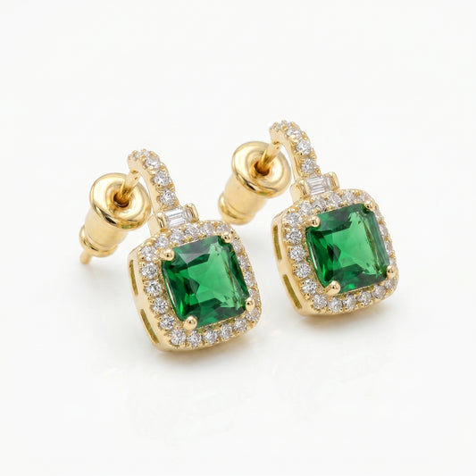Gold Plated Emerald Green Halo Drop Earrings