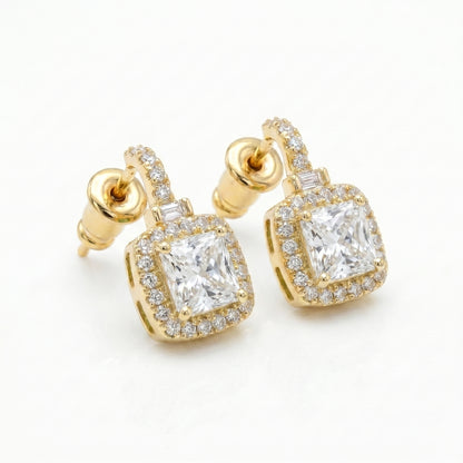 Gold Plated Cushion Cut Zircon Halo Drop Earrings