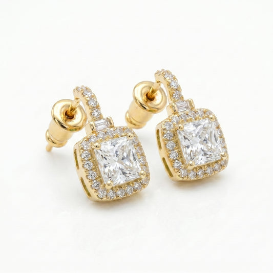 Gold Plated Cushion Cut Zircon Halo Drop Earrings