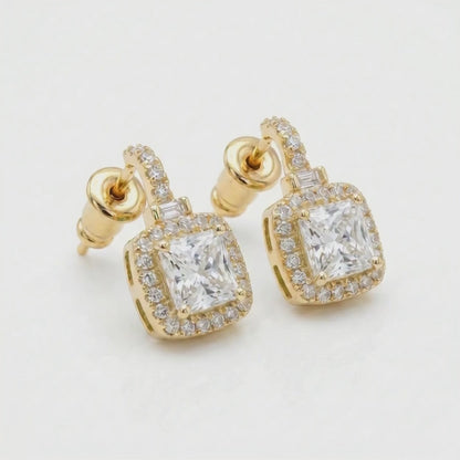 Gold Plated Cushion Cut Zircon Halo Drop Earrings