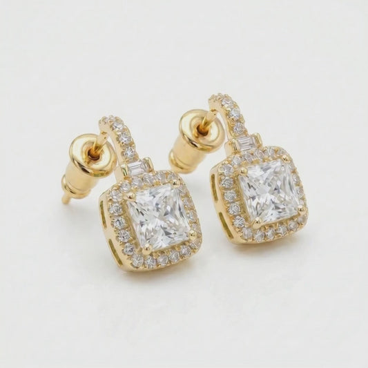 Gold Plated Cushion Cut Zircon Halo Drop Earrings