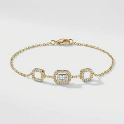 Gold-Plated Emerald-Cut Halo Station Bracelet