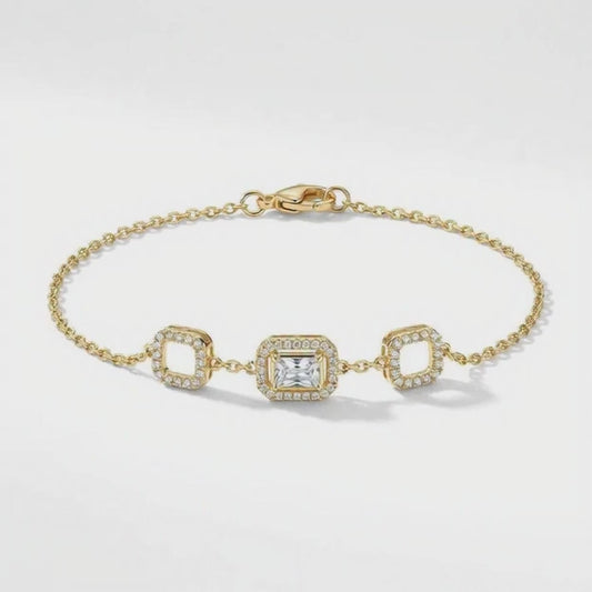 Gold-Plated Emerald-Cut Halo Station Bracelet