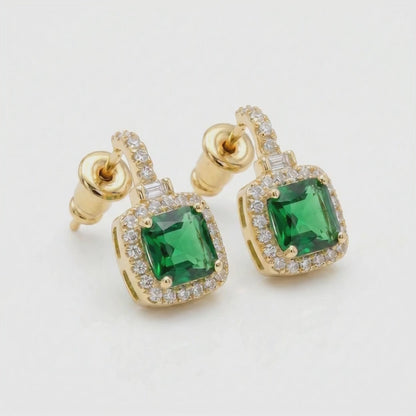 Gold Plated Emerald Green Halo Drop Earrings