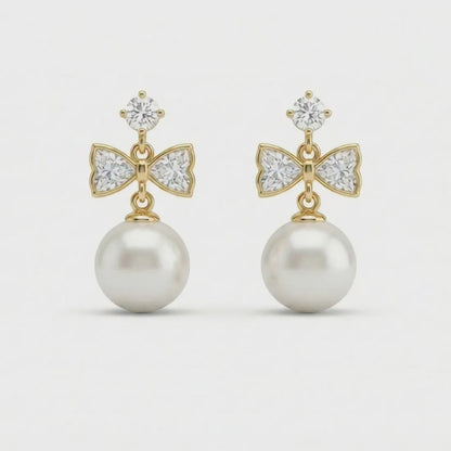 Gold Plated Bow Pearl Drop Earrings