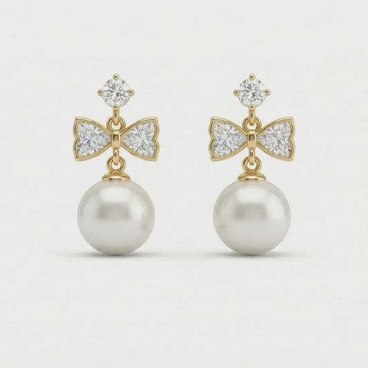 Gold Plated Bow Pearl Drop Earrings