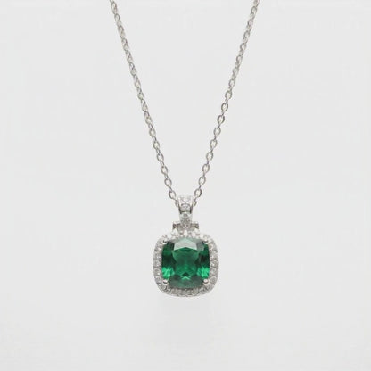 Silver-Tone Green Halo Pendant Necklace