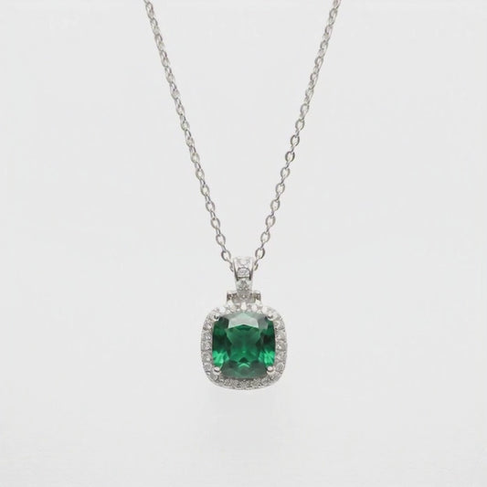 Silver-Tone Green Halo Pendant Necklace