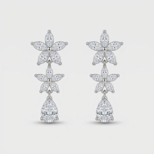 Silver Tone Floral Drop Zircon Earrings