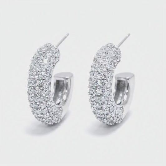 Silver Tone Oval Pavé Hoop Earrings