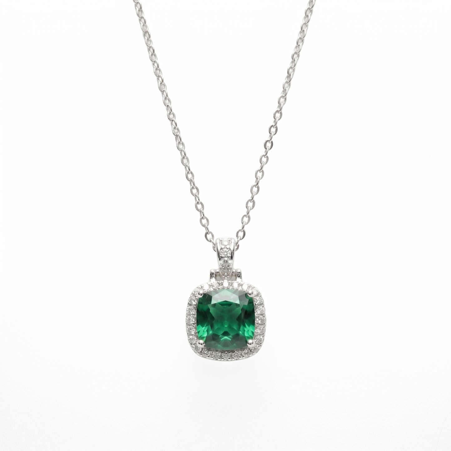 Silver-Tone Green Halo Pendant Necklace