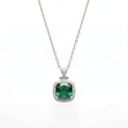 Silver-Tone Green Halo Pendant Necklace