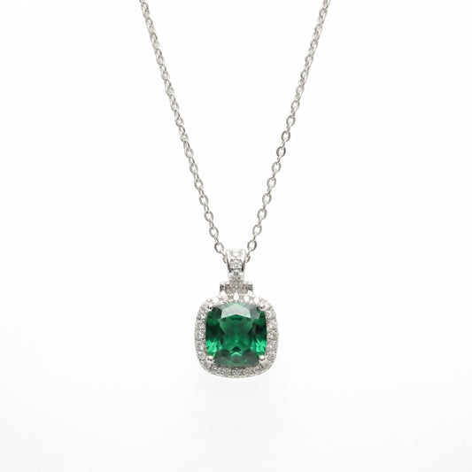 Silver-Tone Green Halo Pendant Necklace